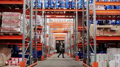 Bodega de fulfillment con inventario organizado en estantes listos para despacho a Amazon FBA